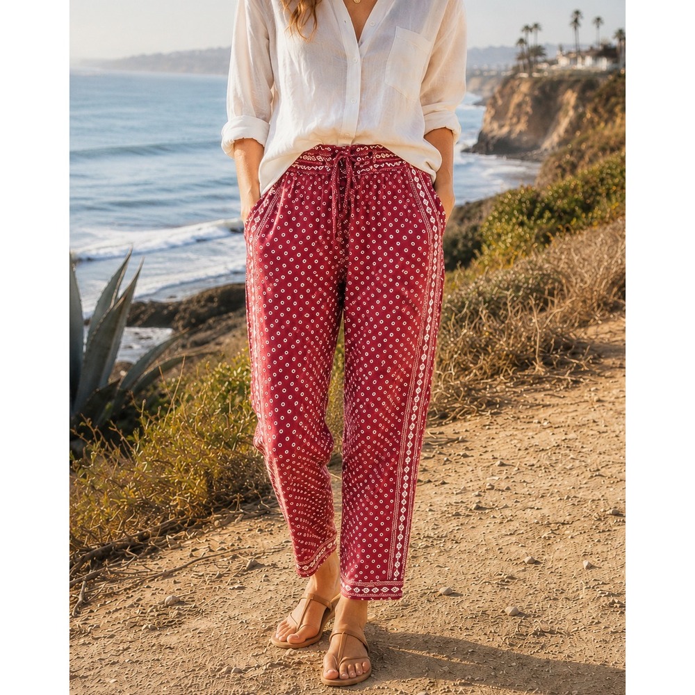 Isabel Marant Etoile Loli Pants Womens 38 Red Printed Cotton Drawstring Boho